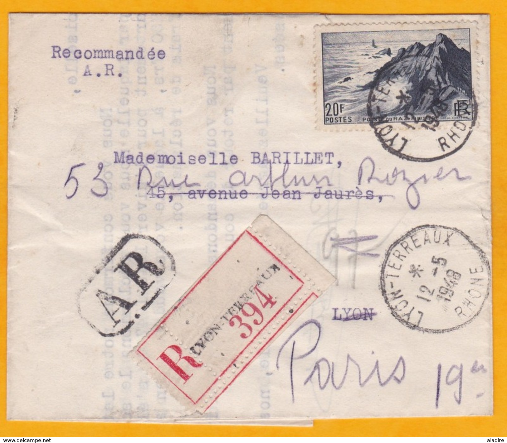 1948 - Lettre Avec Correspondance Recommandée Avec Accusé De Réception De Lyon En Ville Puis Paris, Càd Arrivée - 1921-1960: Période Moderne