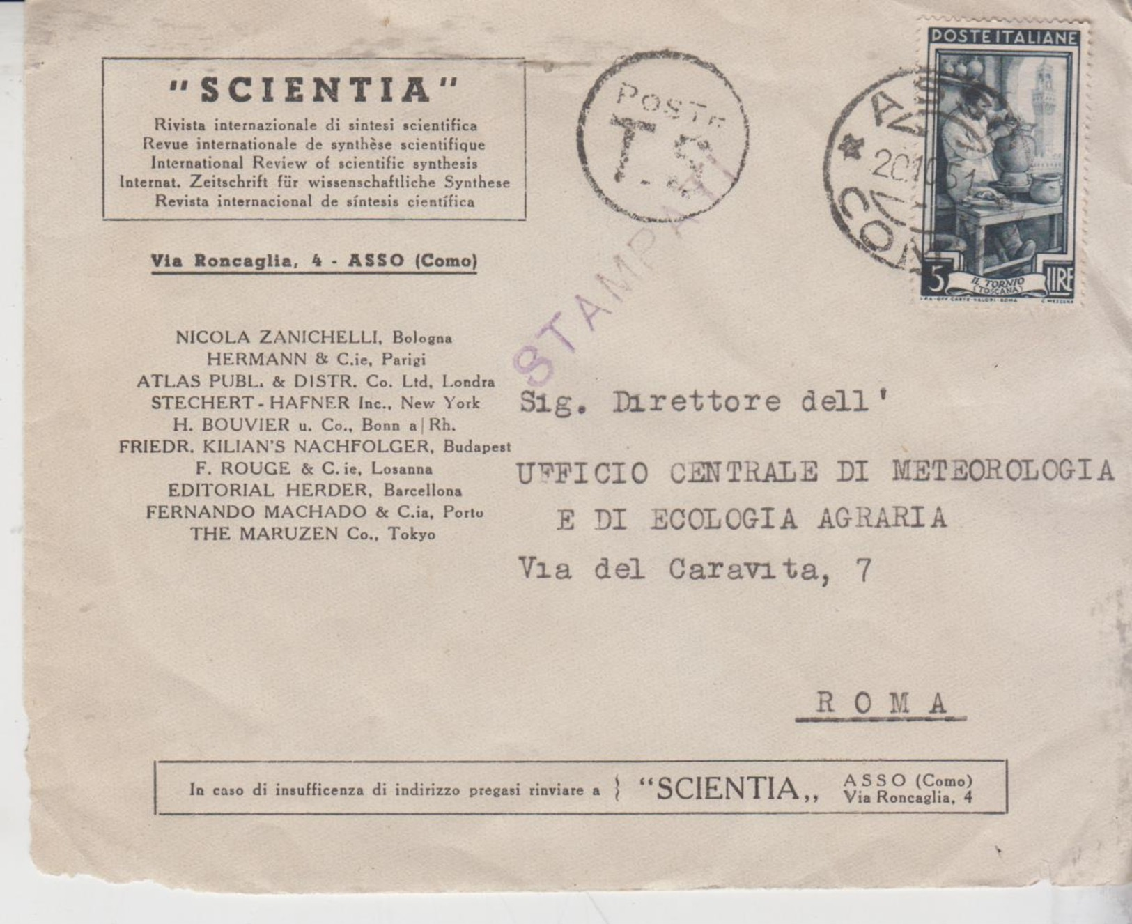 Repubblica 20/10/1951 Busta Cover Scientia Asso Como - 1946-60: Storia Postale