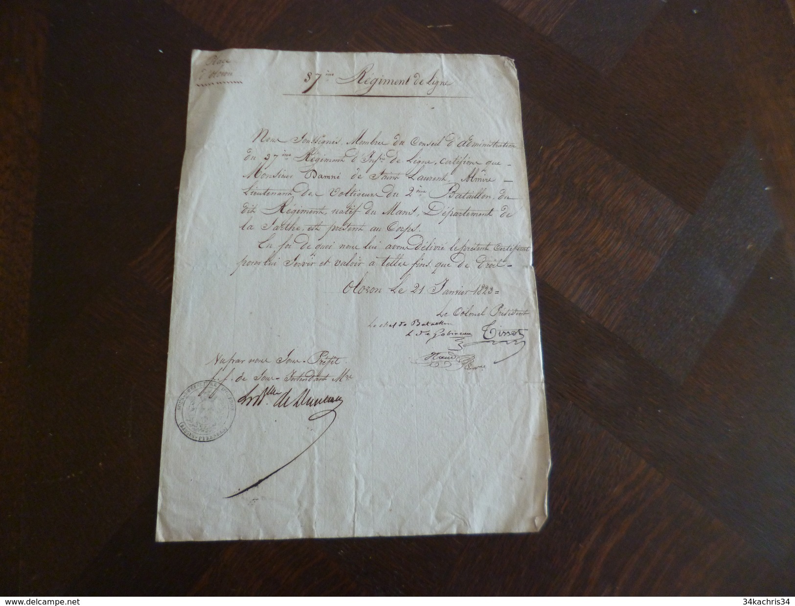 21/01/1823 Cetification De Présence Corps Des Voltigeurs De Ligne 37 éme Régiment De Ligne Lieutenant Saint Laurent - Documents