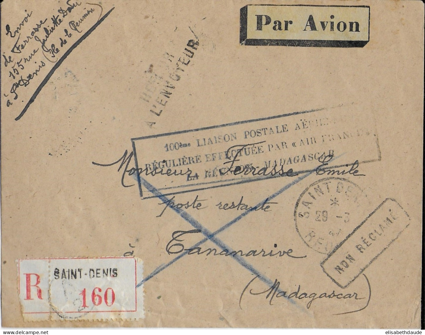 REUNION - 1947 - ENVELOPPE RECOMMANDEE Par AVION "100° LIAISON MADAGASCAR" De SAINT DENIS => TANANARIVE - RETOUR - Lettres & Documents