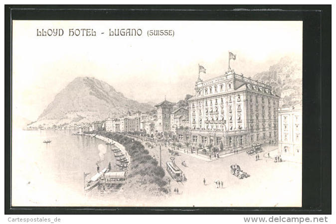 AK Lugano, Strassenpartie Am Lloyd Hotel - Lugano