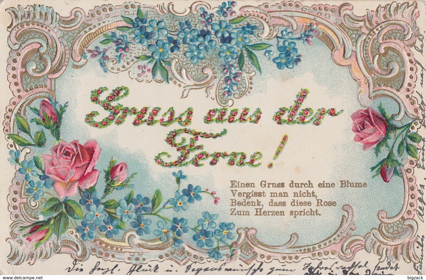 Prägekarte Mit Blumen Gruss Aus Der Ferne Color Gelaufen - Blumen