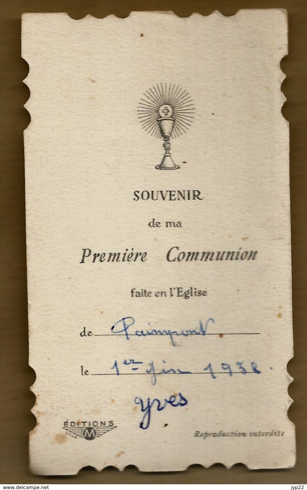 Image Pieuse Holy Card Ciselée & Enfantine Communion Yves ?? Eglise De Paimpont  1-06-1938 - Ed M Lille - Images Religieuses