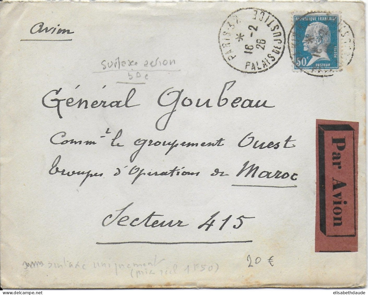 PASTEUR - 1926 - 50c SEUL Sur ENVELOPPE FM Par AVION De PARIS => SECTEUR MILITAIRE 415 Au MAROC - 1922-26 Pasteur