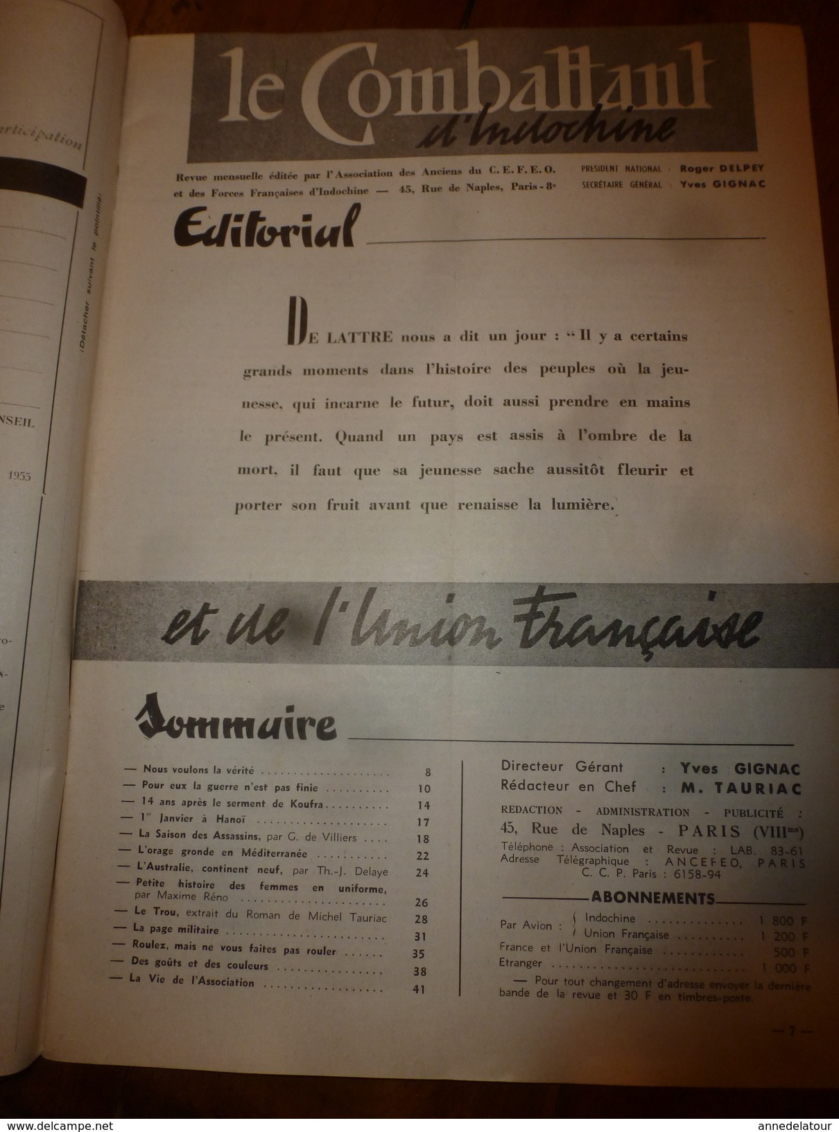 1955 LE COMBATTANT D'INDOCHINE: Hanoï;  SIHANOUK Le Roi Du Cambodge;Affaire Des Fuites;Les Infirmières Parachutistes;etc - Français