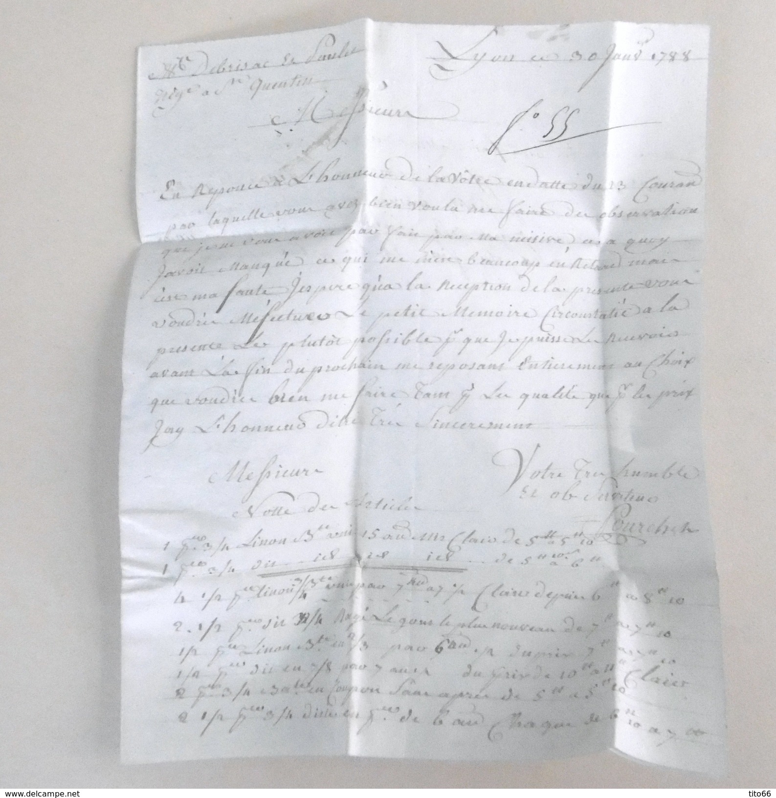 Lettre De Lyon Vers St Quentin De 1788 - 1701-1800: Précurseurs XVIII