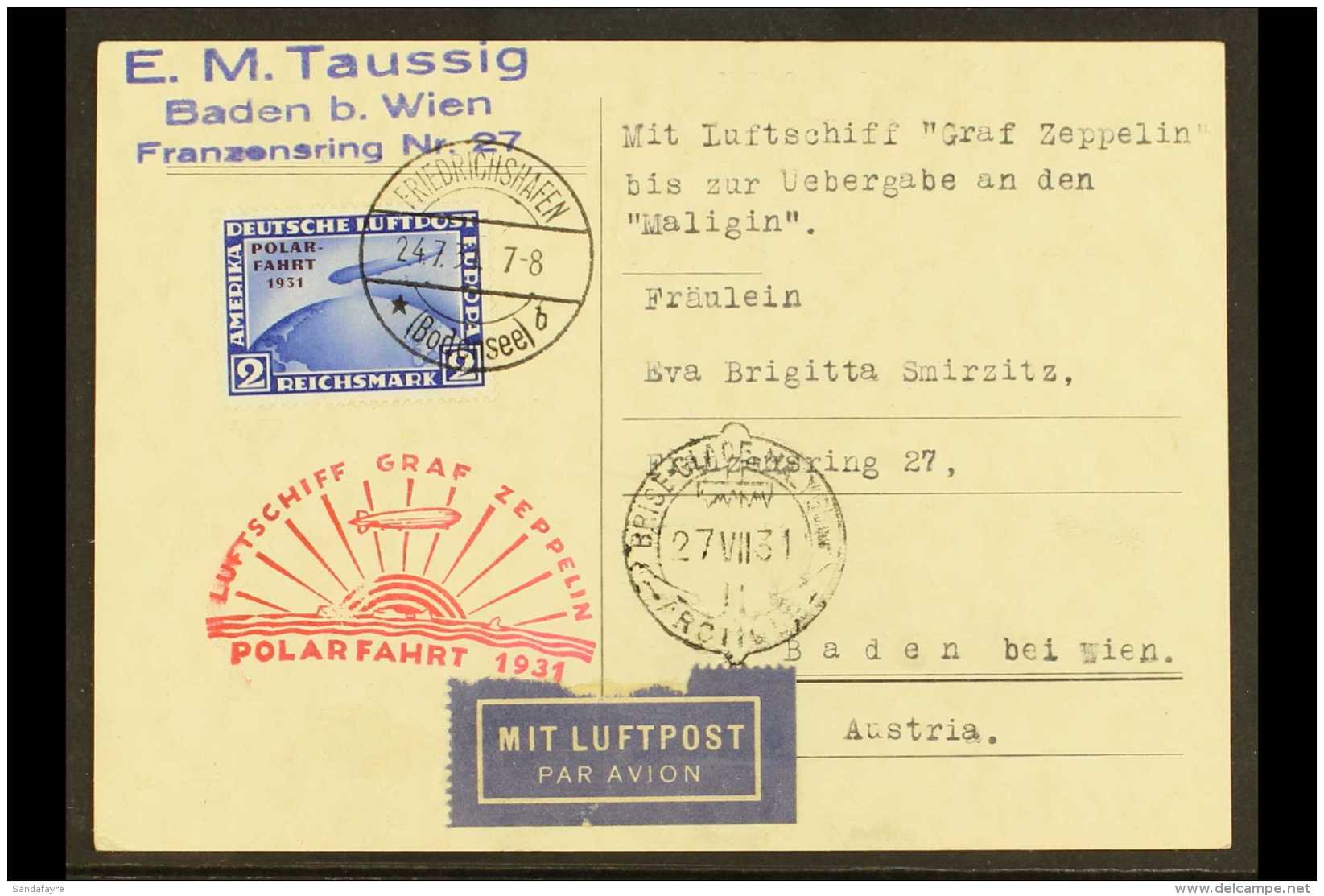 GRAF ZEPPELIN POLAR FLIGHT. 1931 (24 July) Postcard Addressed To Austria, Bearing Germany 1931 2m Bright Blue Air... - Other & Unclassified
