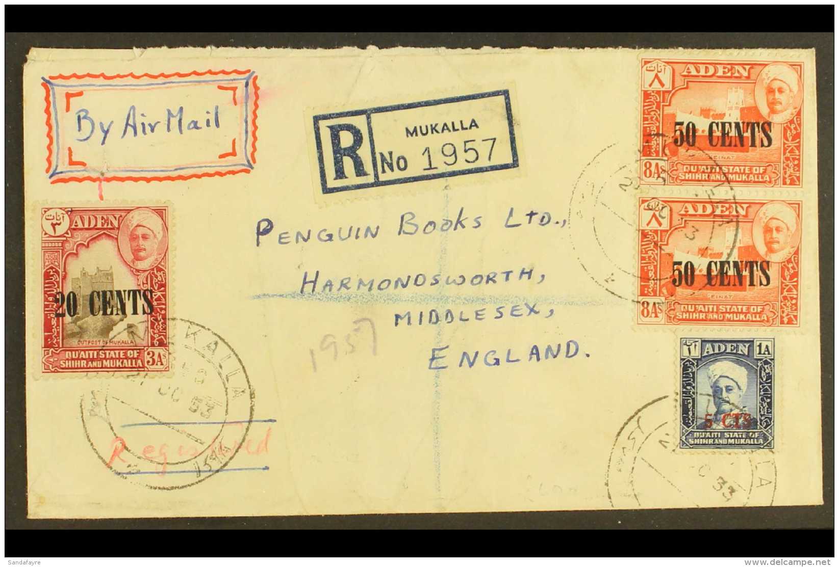 HADHRAMAUT 1953 (21 OCT) Registered Air Mail Cover To England (Penguin Books, Harmondsworth) Bearing 1951 5c On... - Aden (1854-1963)