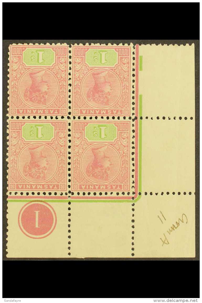 TASMANIA 1906 1s Rose And Green, Wmk Crown Over A, Perf 11, SG 257a, Variety "Wmk Inverted", 2 Stamps With Corner... - Other & Unclassified