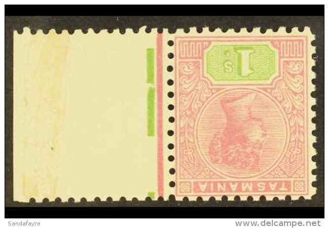 TASMANIA 1906 1s Rose And Green, Perf 11, Wmk Crown Over A, Variety "Wmk Inverted", SG 257a Var, Superb Marginal... - Other & Unclassified