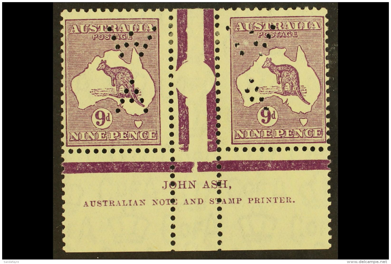 1932 9d Violet Roo (SG 133), ASH IMPRINT PAIR, Plate 4 - Second State (as BW 29zc), With "W / A" Perfin, Very Fine... - Other & Unclassified