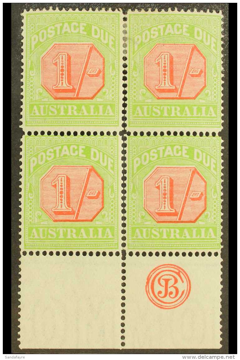 POSTAGE DUES 1913 - 23 1s Scarlet And Pale Yellow Green, SG D85, Bottom Margin Block Of 4 Showing The JBC Mongram,... - Other & Unclassified