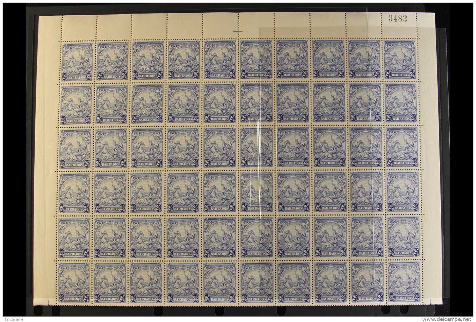 1938-47 COMPLETE SHEET MULTIPLE VARIETIES 2&frac12;d Ultramarine, SG 251, Never Hinged Mint Sheet Of 120 Stamps... - Barbados (...-1966)