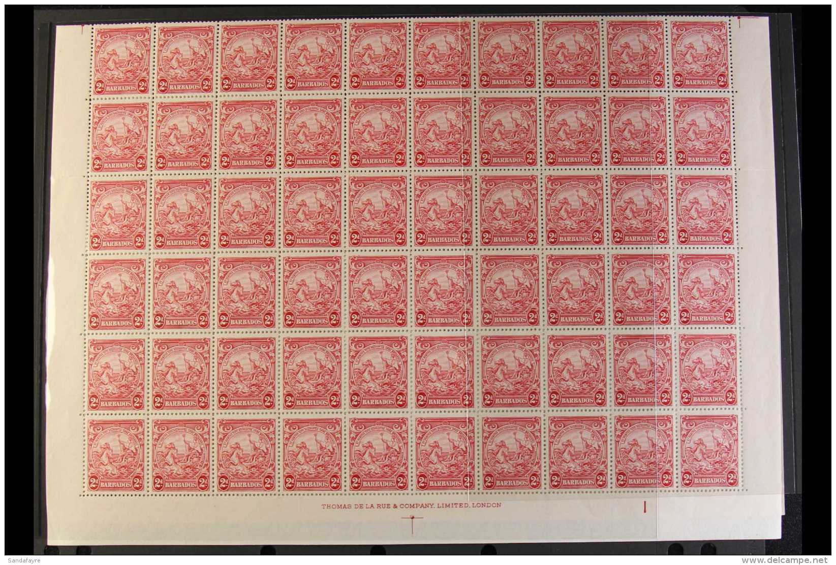 1938-47 NHM COMPLETE SHEET OF 120 2d Carmine Perf 13&frac12; X13, Incorporating "EXTRA FRAME LINE" Variety (R... - Barbados (...-1966)