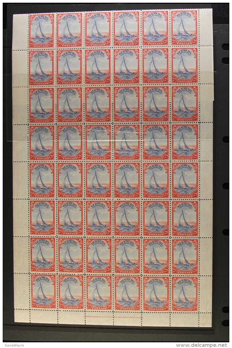 1938-52 COMPLETE SHEET NHM 2d Ultramarine &amp; Scarlet, Complete Sheet Of 60 Stamps (6 X 10), Selvedge To All... - Bermuda
