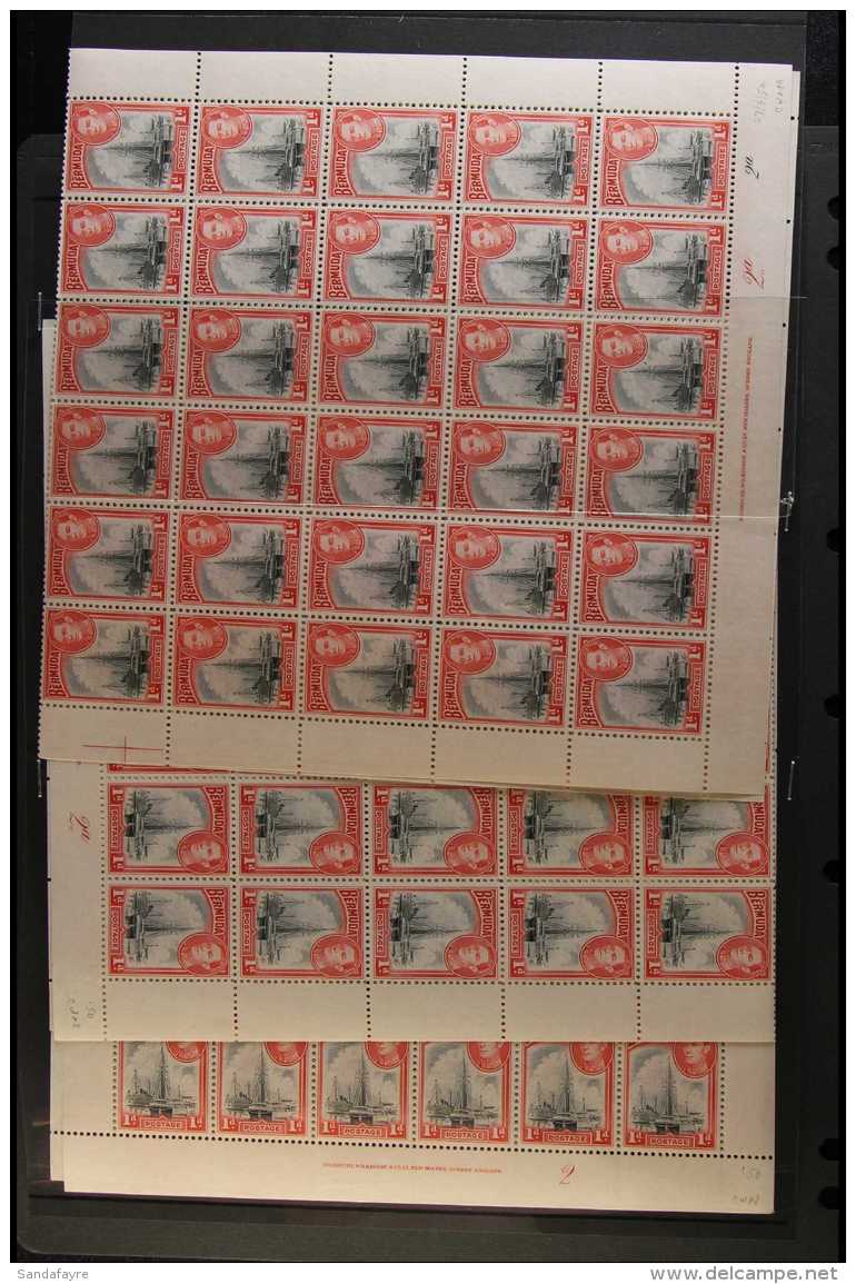 1938-52 COMPLETE SHEETS NHM 1d Black &amp; Red, Plate 2, 2a &amp; 2a /2a, Complete Sheets Of 60 Stamps (6 X 10),... - Bermuda