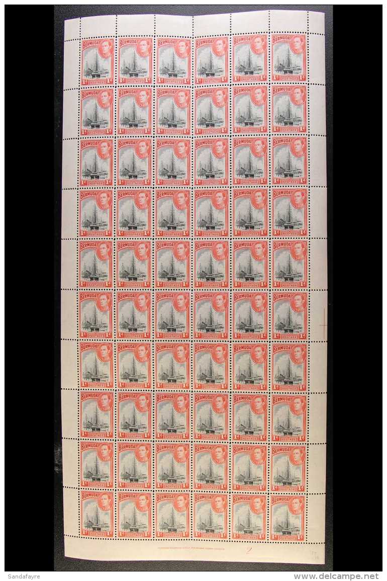 1938-52 KGVI COMPLETE SHEET 1d Black &amp; Red, SG 110, Plate/cylinder 2, Complete Sheet Of 60 Stamps (6 X 10),... - Bermuda