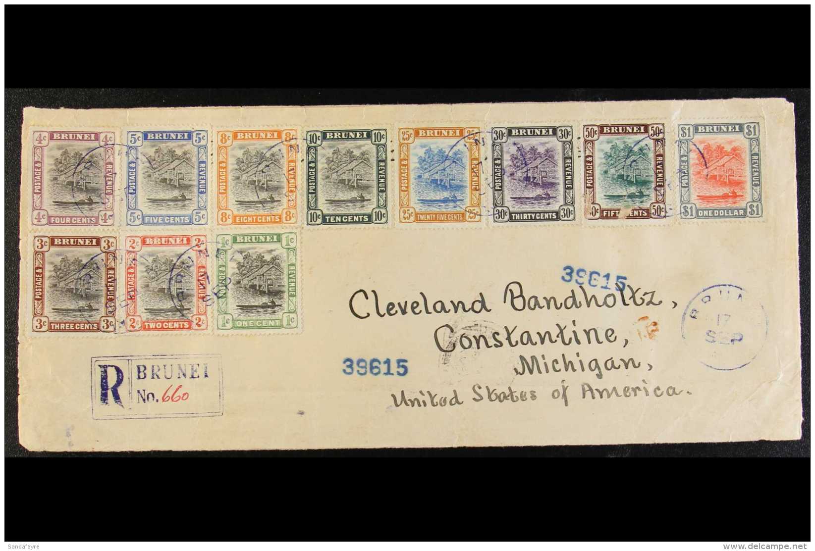 1907 COMPLETE SET ON COVER 1907 (SEP)  Colourful Registered Cover To Michigan, United States Of America, Bearing... - Brunei (...-1984)