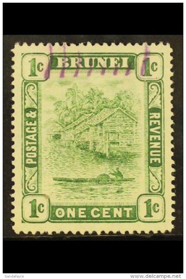 1908-22 1c Green SG34, With Unlisted WATERMARK REVERSED, Fine Used With Part Violet Barred Cancel. For More... - Brunei (...-1984)