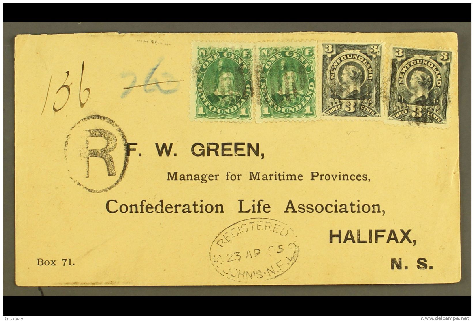 1895 Registered Cover From St Johns To Halifax, NS, Franked 1887 1c Green (20 And 3c Deep Slate (2) Tied By Barred... - Other & Unclassified