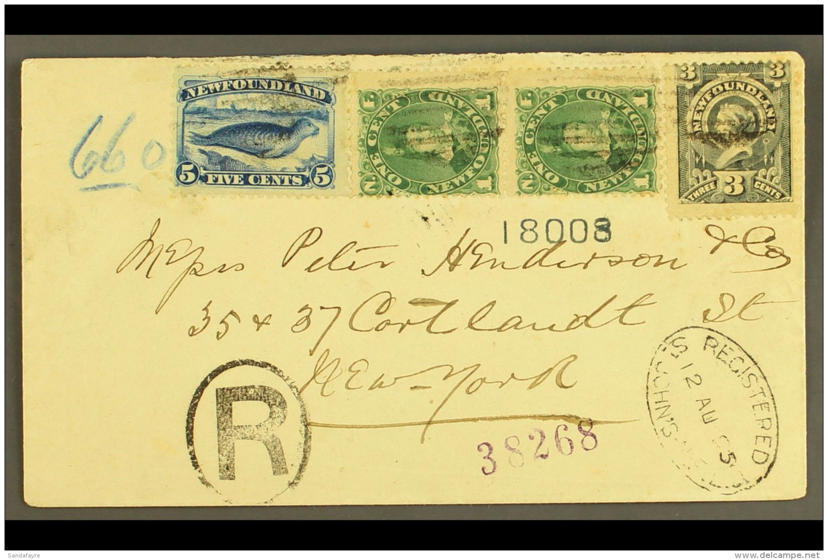 1895 Registered Cover From St Johns To New York Franked 1887 1c Green Pair, 5c Deep Blue And 1890 3c Slate Grey... - Other & Unclassified