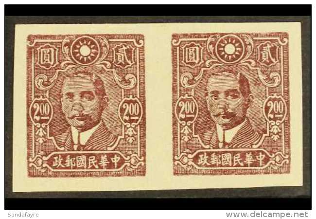 1942-6 $2 Purple-brown, Dr. Sun Yat-sen, IMPERF PAIR, SG 646a, Mint, No Gum As Issued. For More Images, Please... - Other & Unclassified