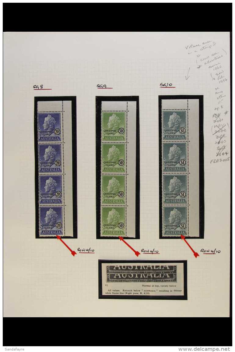 1958 RETOUCHES. Overprints Complete Set, SG 1/10, Superb Mint Positional Vertical Top Right Corner STRIPS Of 4 All... - Christmas Island