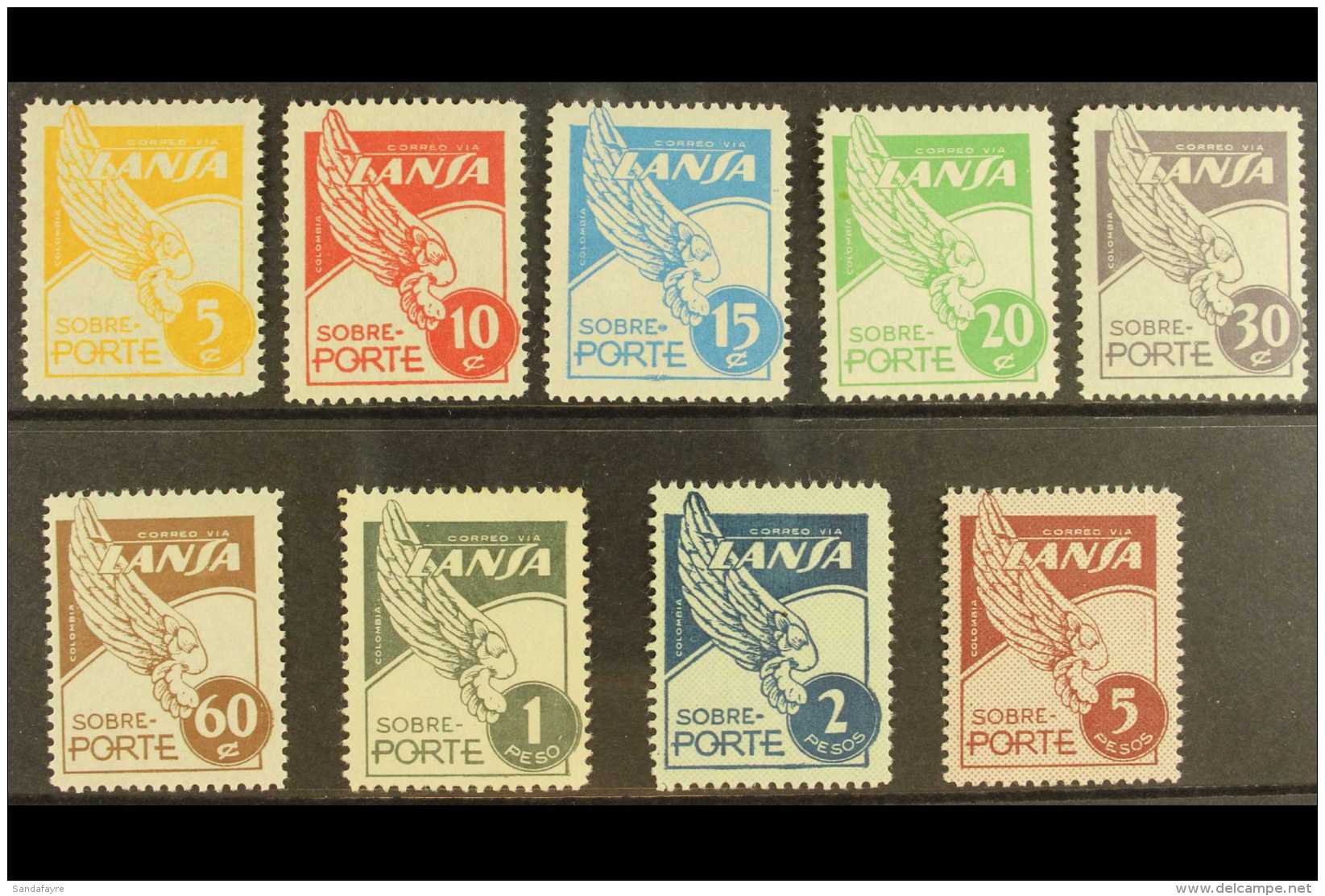 PRIVATE AIRS - LANSA 1950 (22 June) "Wing" Complete Set, SG 1/9, Very Fine Mint. (9 Stamps) For More Images,... - Colombia