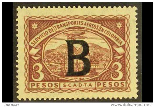 PRIVATE AIRS - SCADTA 1923 "B" Overprinted (for Belgium) 3p Deep Claret, SG 35B, Mint. For More Images, Please... - Colombia