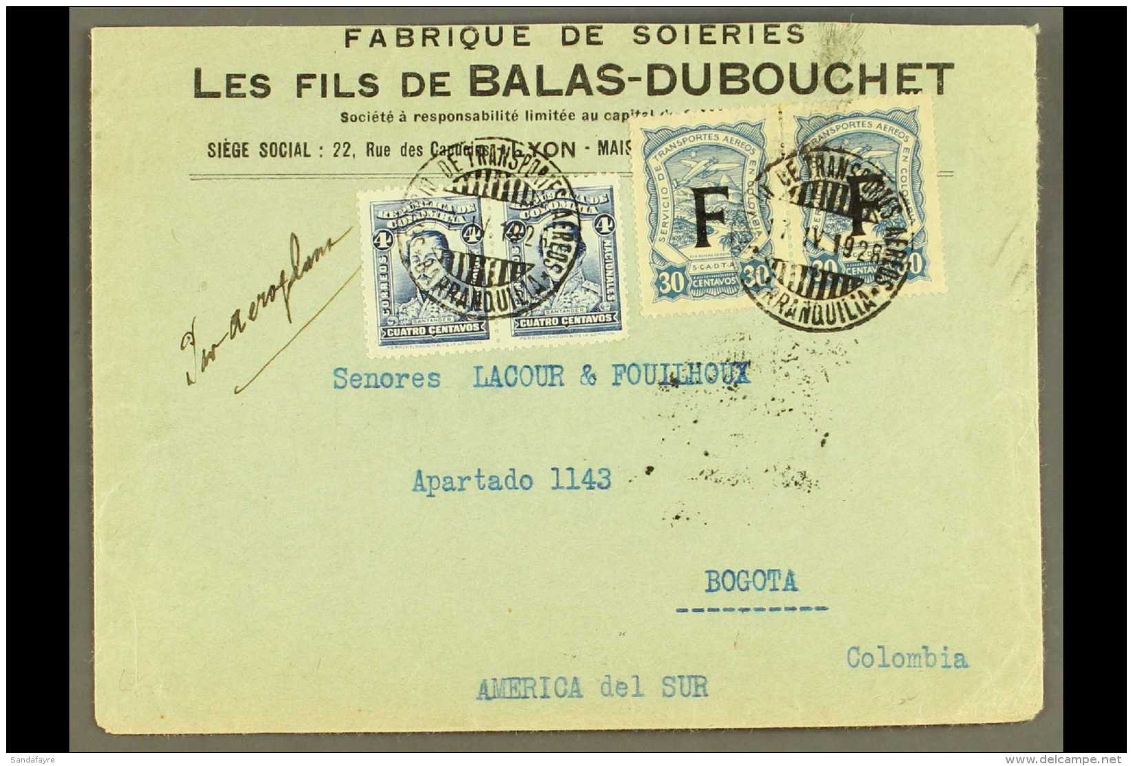 SCADTA 1923 Cover From France Addressed To Bogota, Bearing Colombia 4c (x2) And SCADTA 1923 30c Pair With "F"... - Colombia