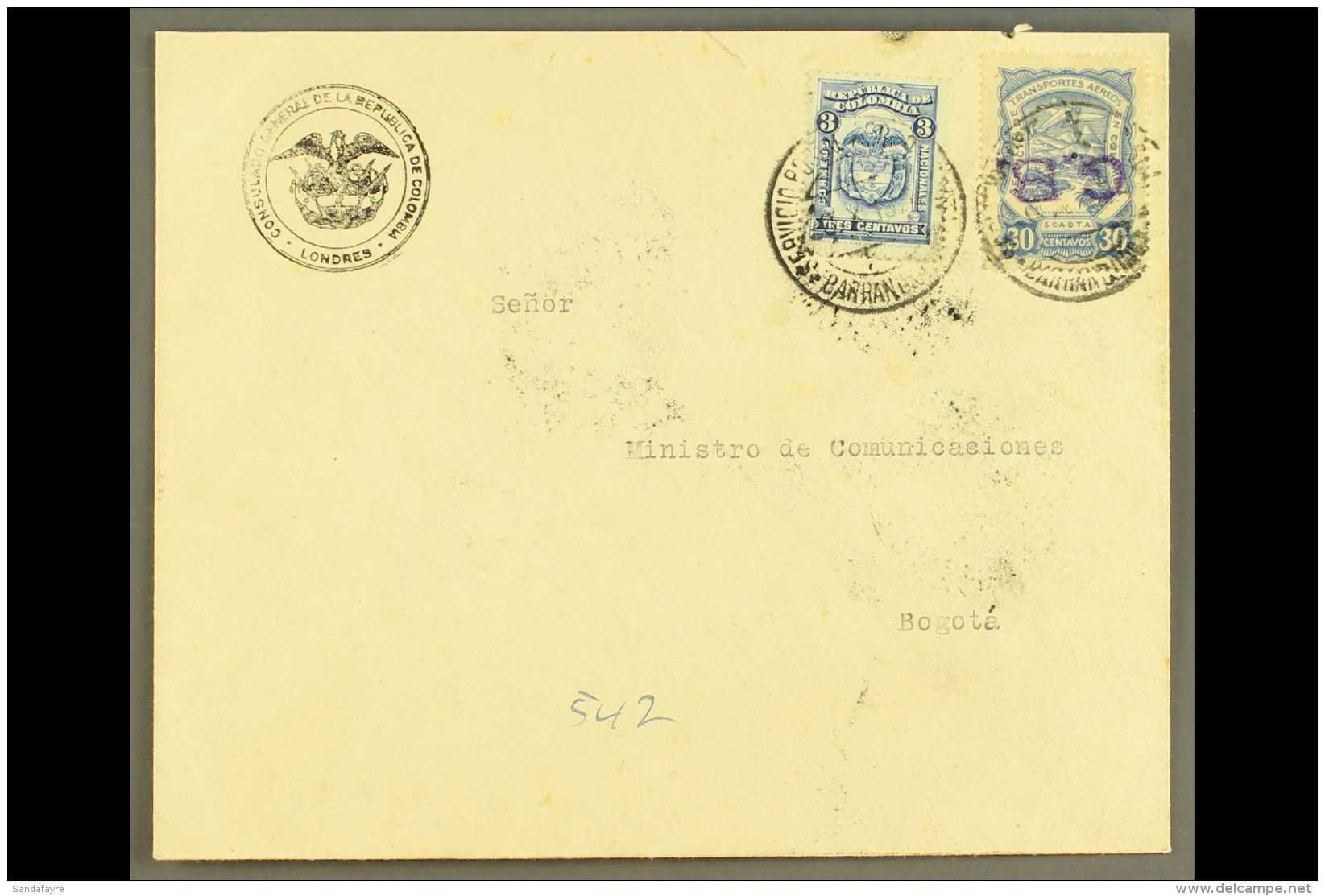 SCADTA 1924 Cover From England Addressed To Bogota, Bearing Colombia 3c And SCADTA 1923 30c With "G.B." Consular... - Colombia