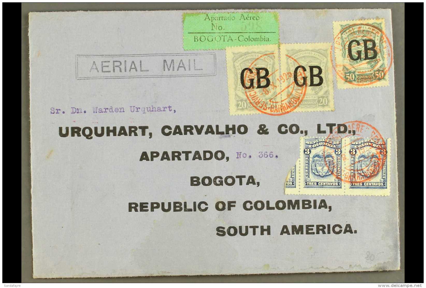 SCADTA 1925 (8 Oct) Cover From England Addressed To Bogota, Bearing Colombia 3c Pair And SCADTA 1923 20c (x2)... - Colombia