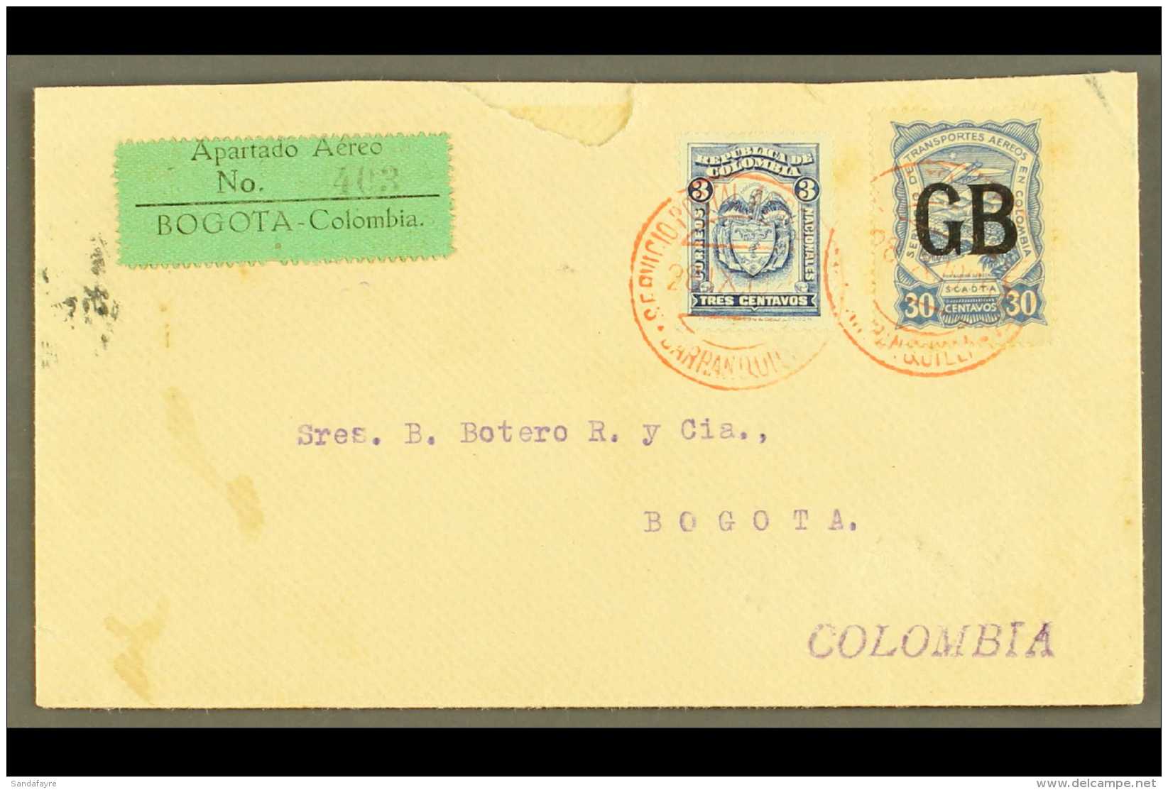 SCADTA 1925 (28 Oct) Cover From England Addressed To Bogota, Bearing Colombia 3c And SCADTA 1923 30c With "GB"... - Colombia