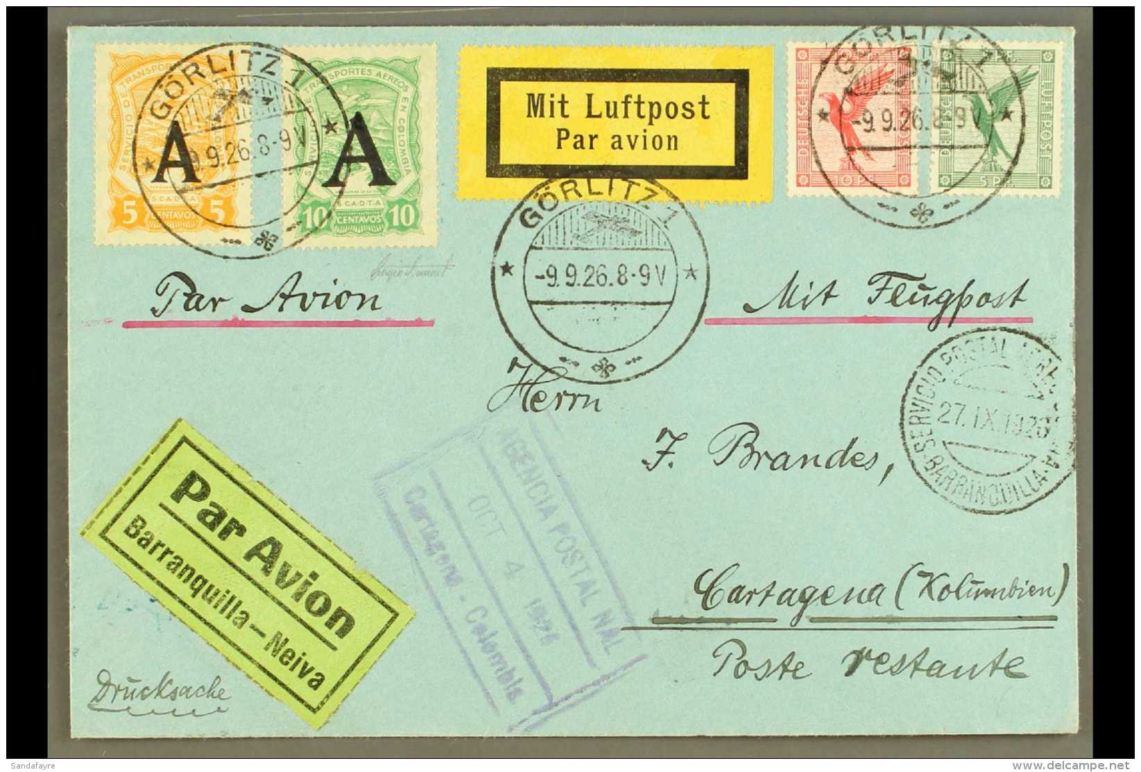 SCADTA 1926 (9 Sep) Printed Matter Airmail Cover From Germany Addressed To Cartagena, Bearing Germany 5pf &amp;... - Colombia