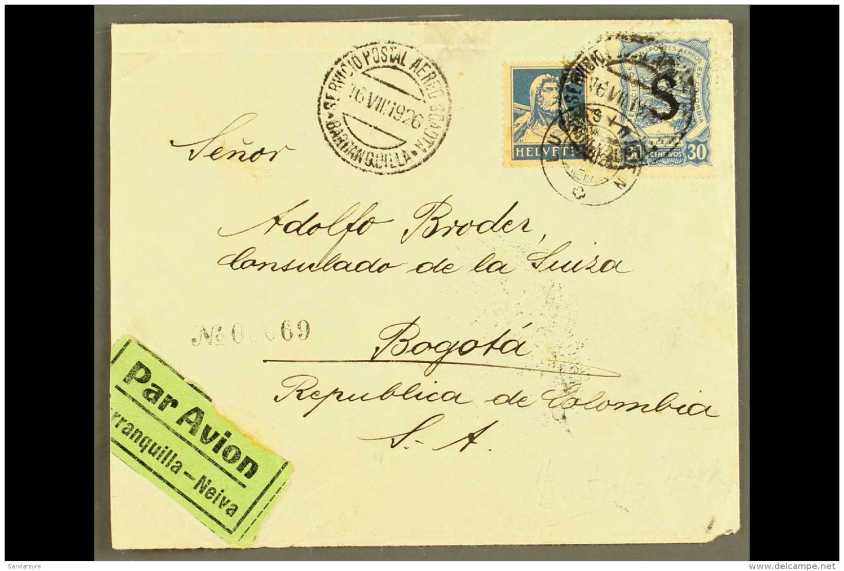 SCADTA 1926 (22 July) Cover From Switzerland Addressed To Bogota, Bearing Switzerland 30c And SCADTA 1923 30c With... - Colombia