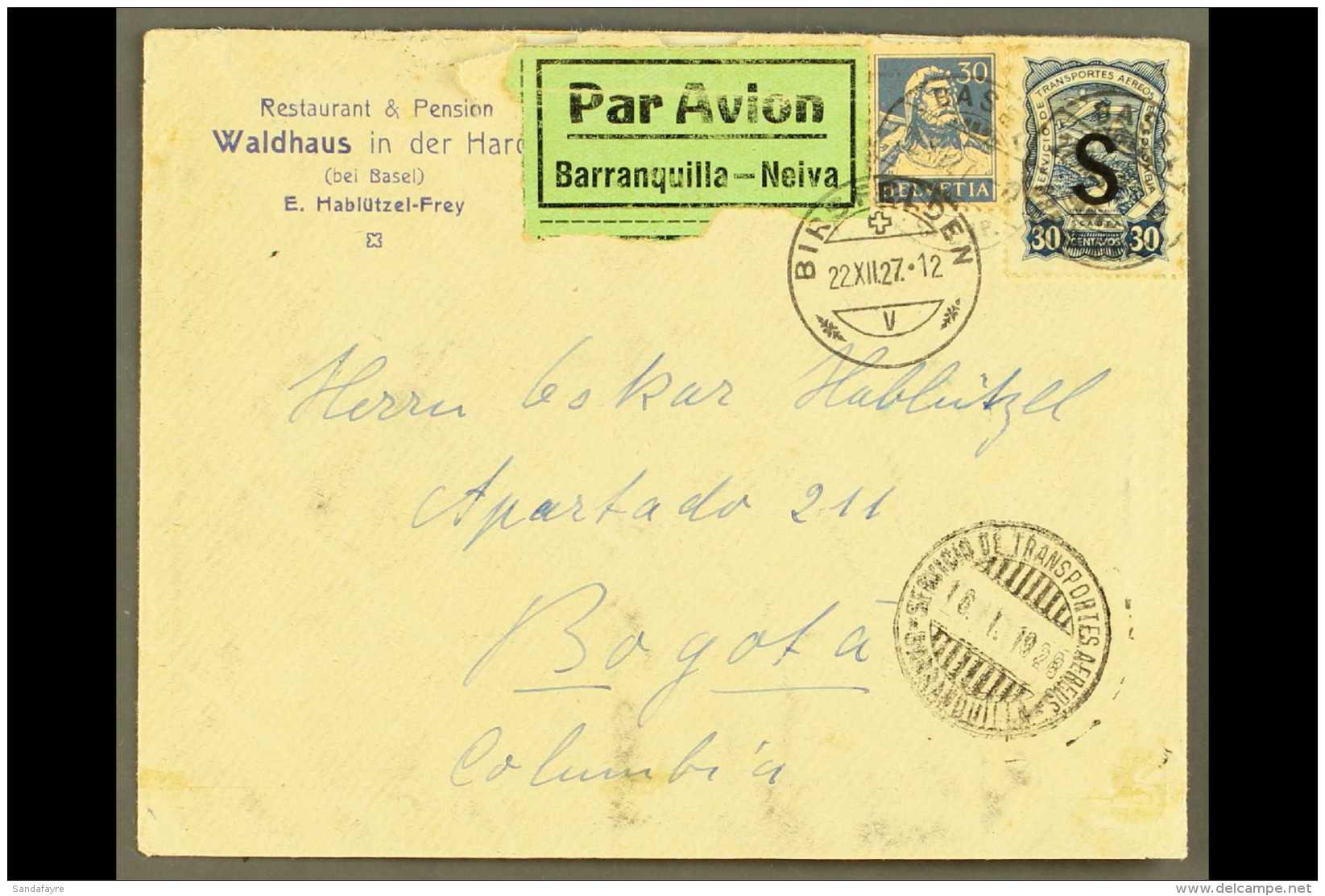 SCADTA 1927 (22 Dec) Cover From Switzerland Addressed To Bogota, Bearing Switzerland 30c And SCADTA 1923 30c With... - Colombia