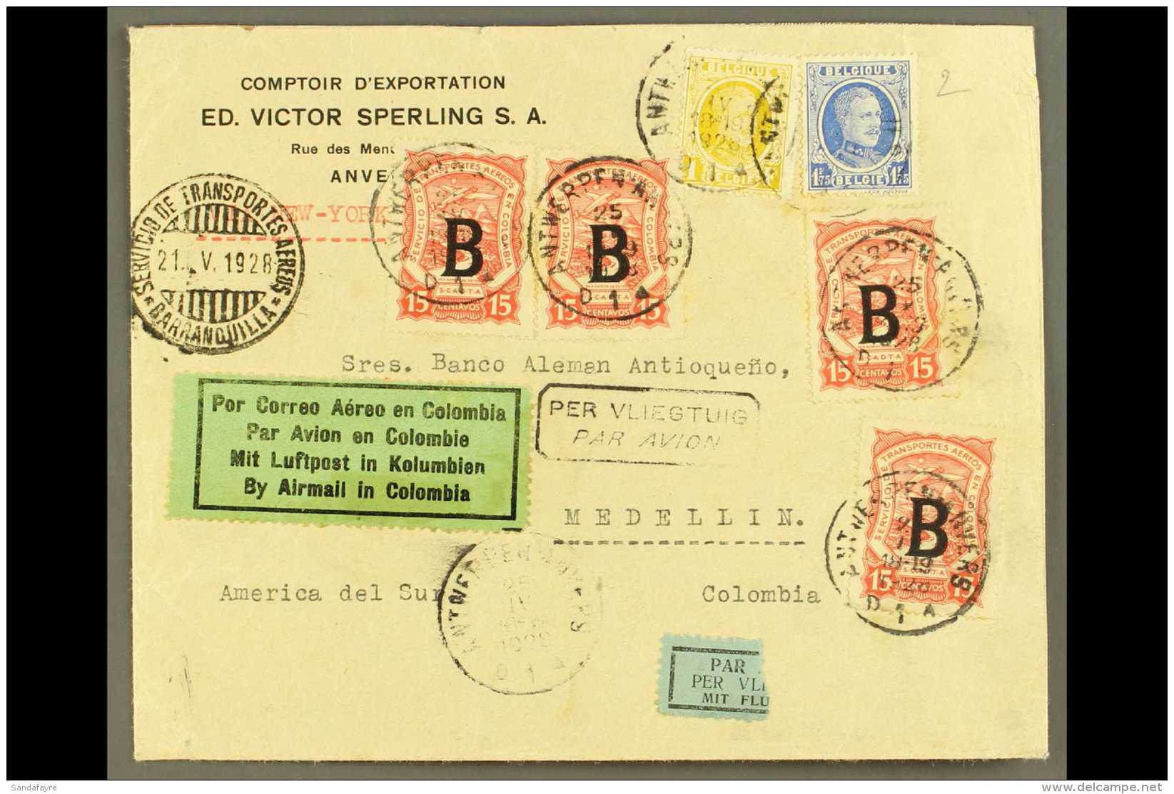 SCADTA 1928 (25 Apr) Cover From Belgium Addressed To Medellin, Bearing Belgium 1f &amp; 1.75f And SCADTA 1923 15c... - Colombia