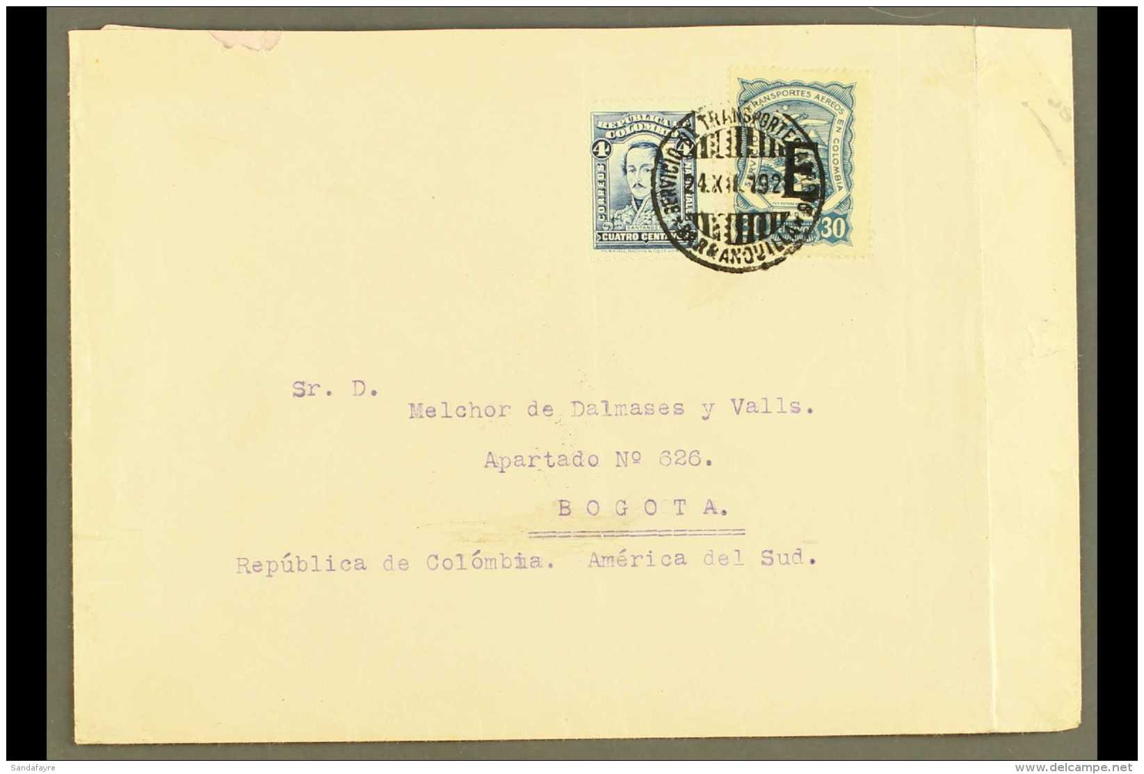 SCADTA 1928 (24 Dec) Cover From Spain Addressed To Bogota, Bearing Colombia 4c And SCADTA 1923 30c With "E"... - Colombia
