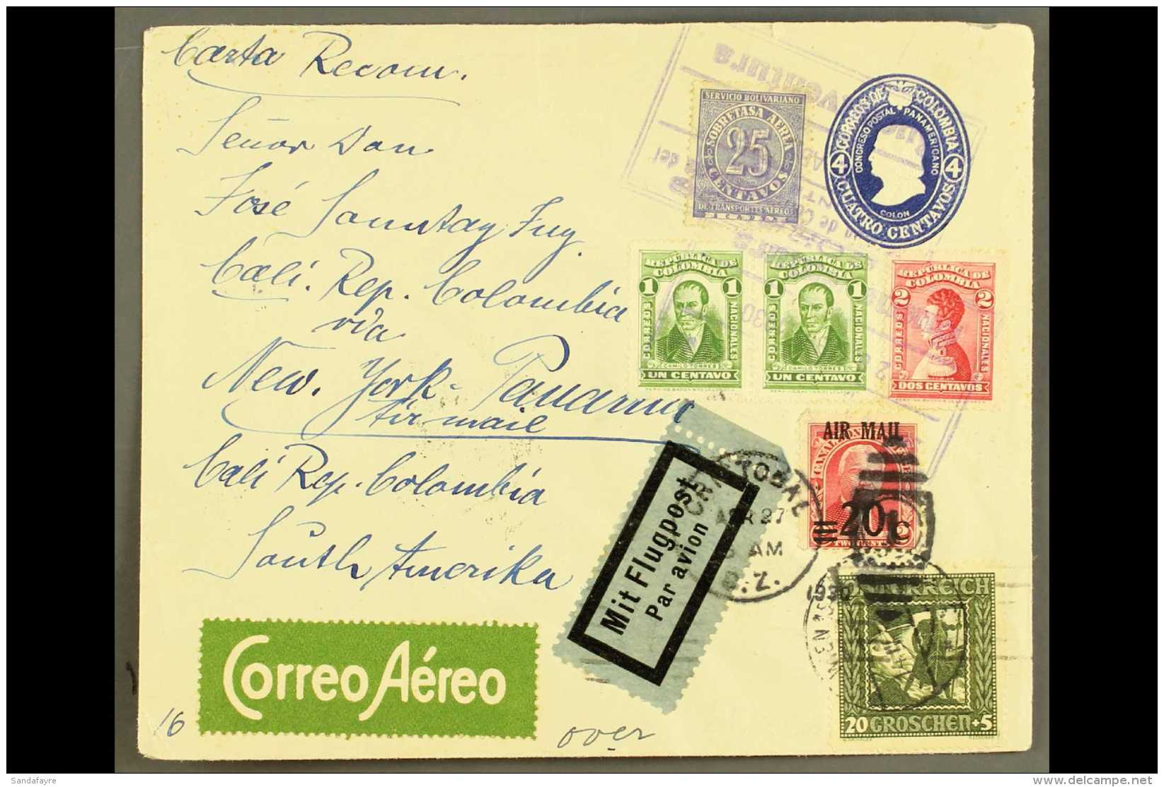 SCADTA 1930 (14 Apr) Colombia 4c Blue Postal Stationery Envelope Sent From Austria To Cali Airmail Via New York... - Colombia