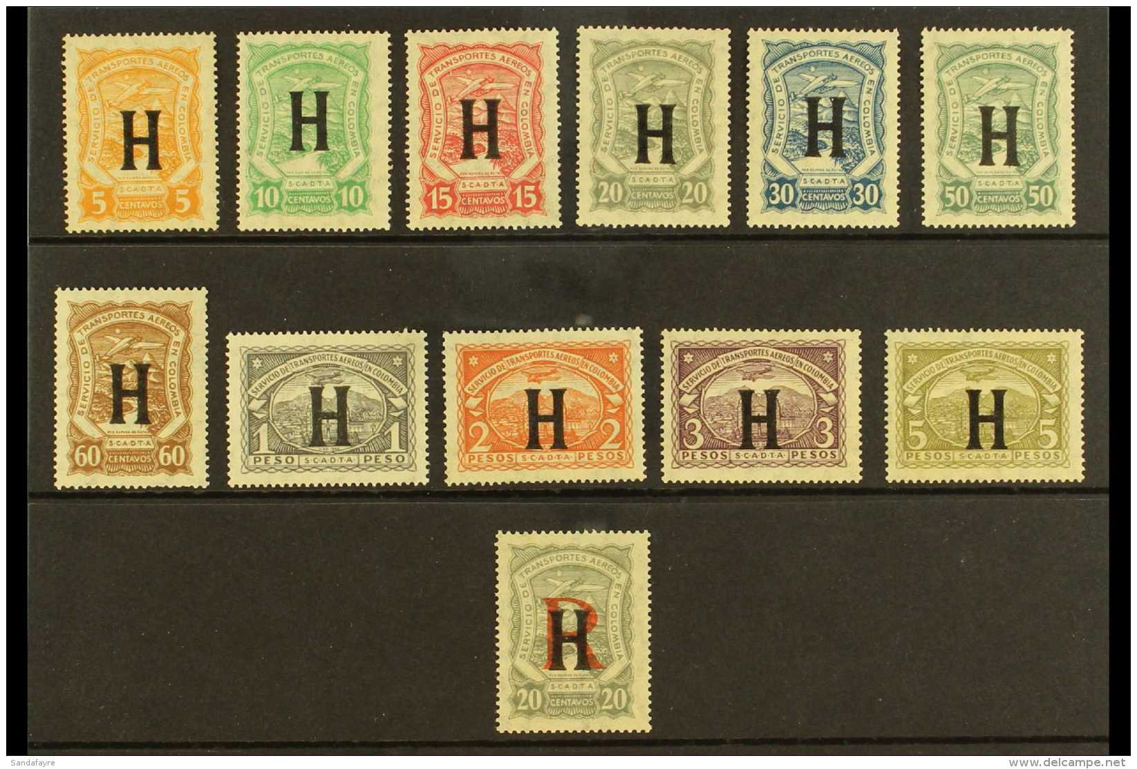 SCADTA NETHERLANDS 1923 Complete Set With "H" Consular Overprints Inc 20c Registration Stamp (Scott CLH47/57 &amp;... - Colombia
