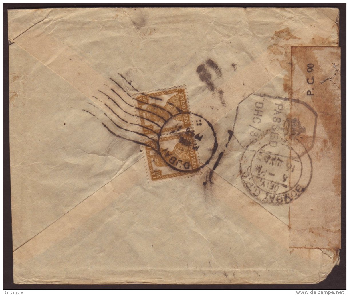 1945 INDIA USED IN: (June) Envelope To Bombay, Bearing On The Flap KGVI 1a 3p Pair, Tied By Crisp DUBAI (Donaldson... - Dubai