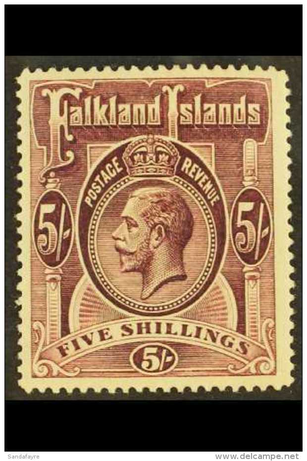 1912-20 5s Reddish Maroon, Purple Under UV-light (SG 67a, Heijtz 32a), Fine Mint, Fresh Colour, Scarce. For More... - Falkland Islands