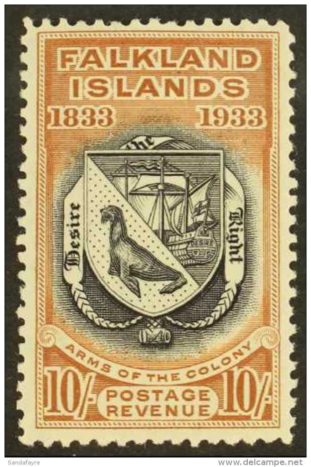 1933 10s Black &amp; Chestnut Centenary - Coat Of Arms, SG 137, Very Fine Mint, Very Fresh. For More Images,... - Falkland Islands