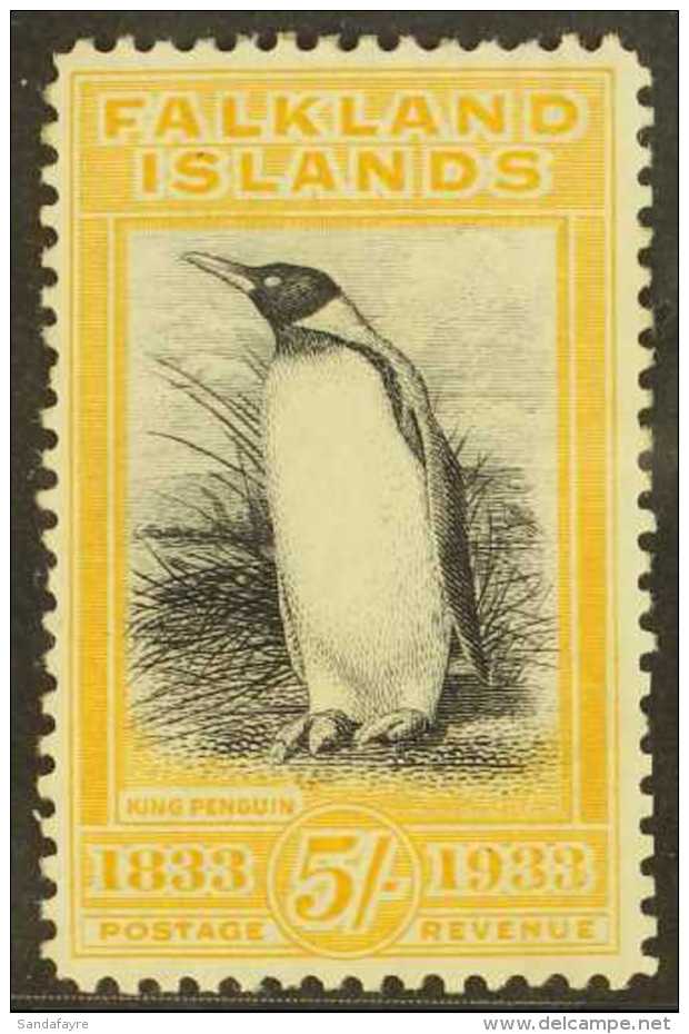 1933 5s Black &amp; Yellow Centenary - King Penguin, SG 136, Fine Mint, Fresh. For More Images, Please Visit... - Falkland Islands