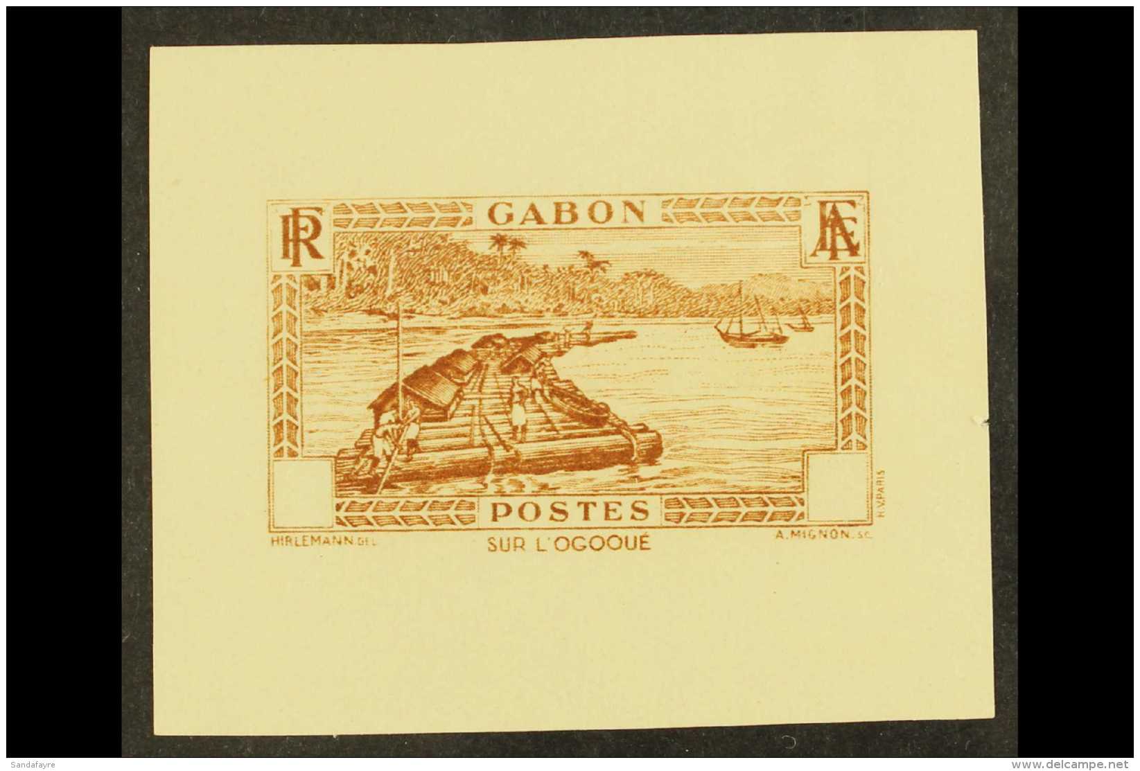 GABON 1932-33 "Log Raft On The River Ogowe" With Value Tablet Blank, IMPERF DIE PROOF In Brown On Gummed Paper,... - Other & Unclassified