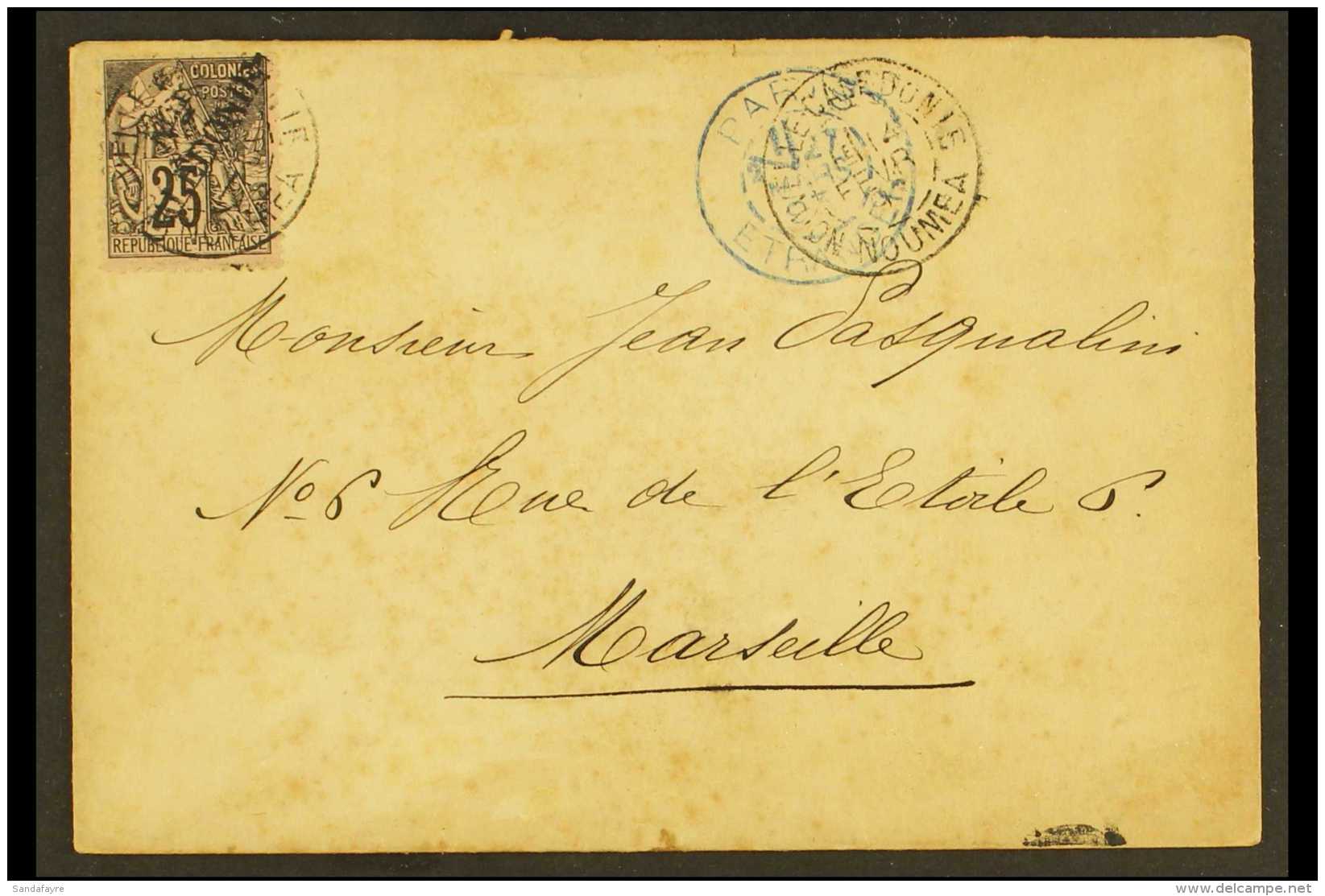 NEW CALEDONIA 1893 (14 Feb) Envelope To Marseilles Bearing 1892 Handstamped 25c Black On Rose (Yvert 29, SG 25)... - Other & Unclassified