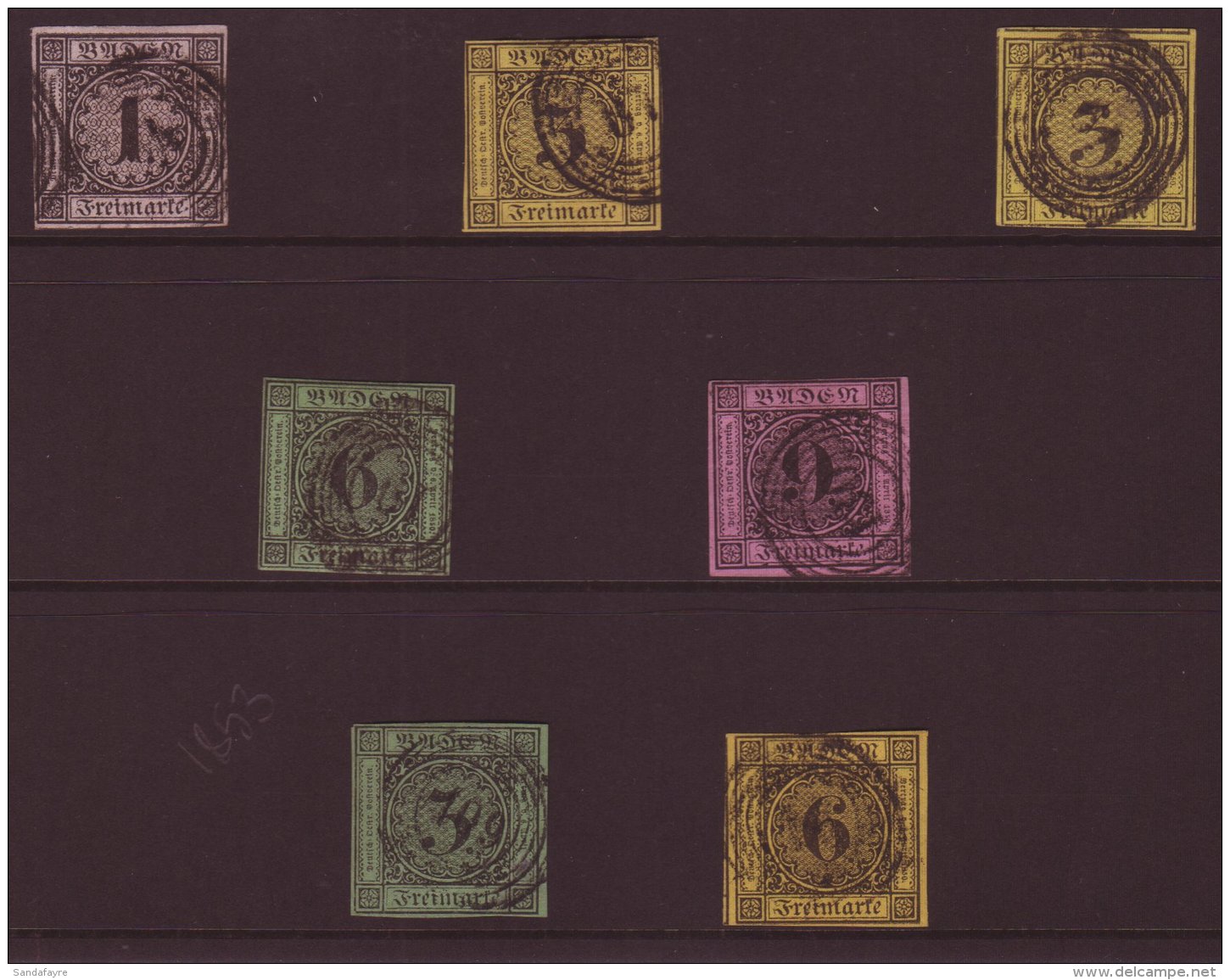 BADEN 1851 TO 1858, A Group Of 4 Margin Fine Used Stamps, 1851 1k, 3k On Yellow, 6k On Yellow, 6k On Green &amp;... - Other & Unclassified