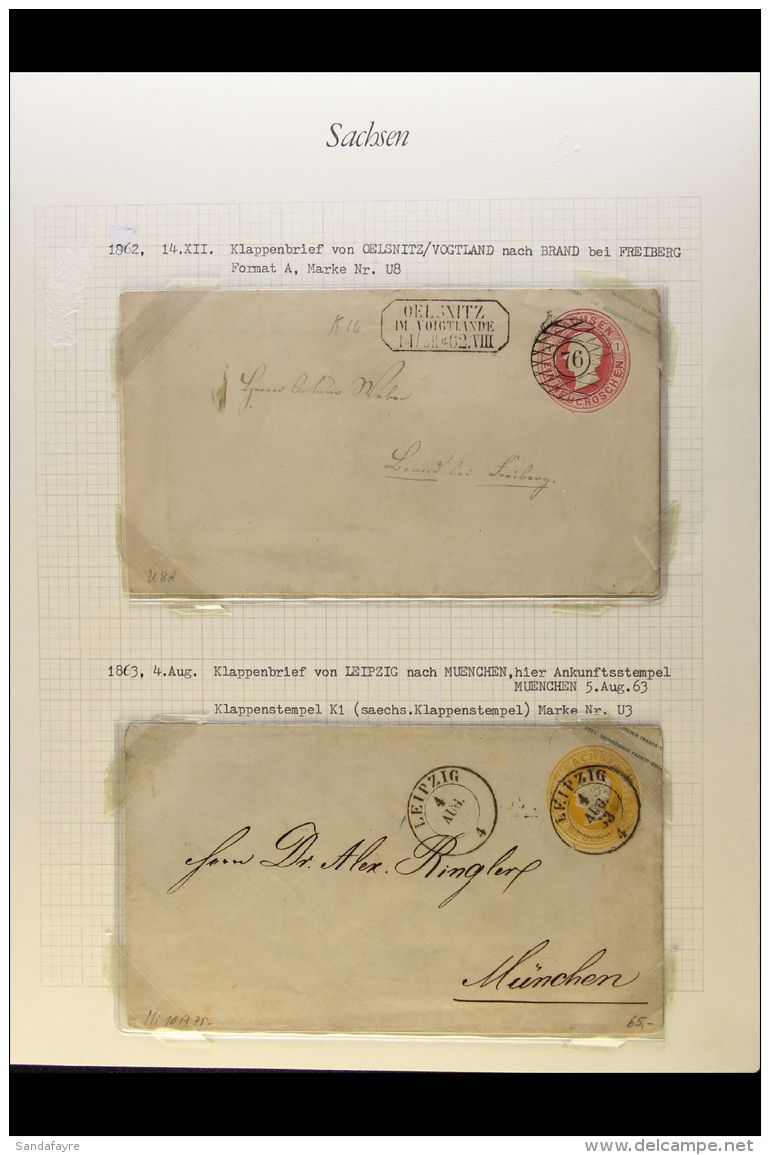 SAXONY POSTAL STATIONERY ENVELOPES 1862-1868 Used Collection On Leaves, Inc 1862 1ngr (x2) &amp; 3ngr King,... - Other & Unclassified