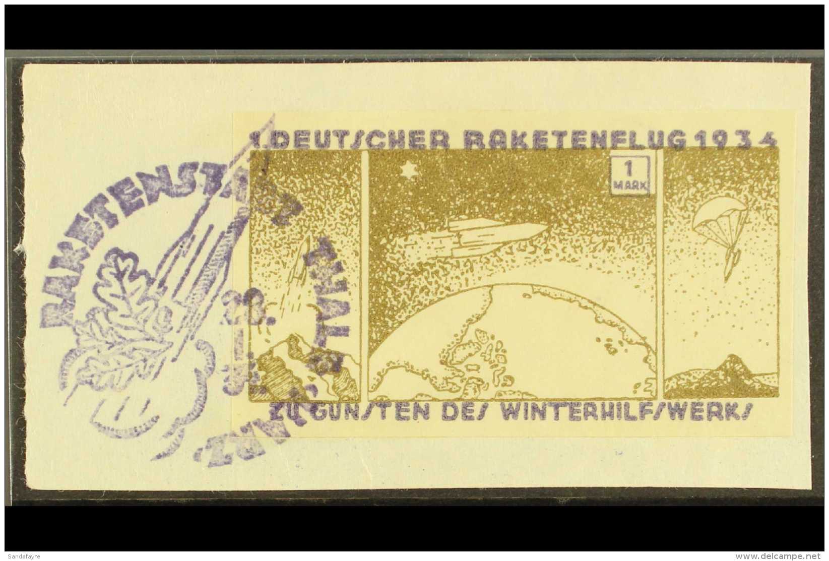 ROCKET MAIL 1934 1m Olive &amp; Blue (Watermarked) Imperf , Zwisler 6A2b, Fine Used, Tied To Piece By Violet... - Other & Unclassified