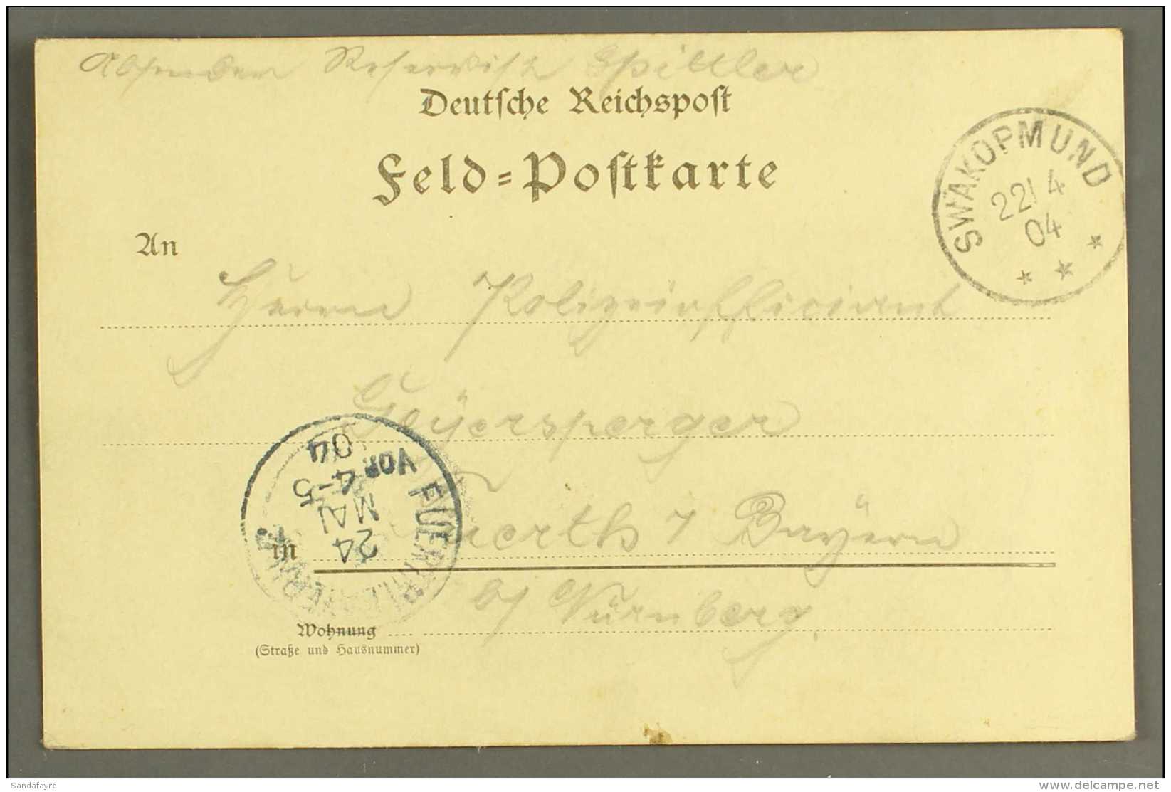 SOUTH WEST AFRICA 1904 (22 Apr) Stampless Feldpost Card To Germany Showing A Fine "SWAKOPMUND" Cds Postmark With... - Other & Unclassified